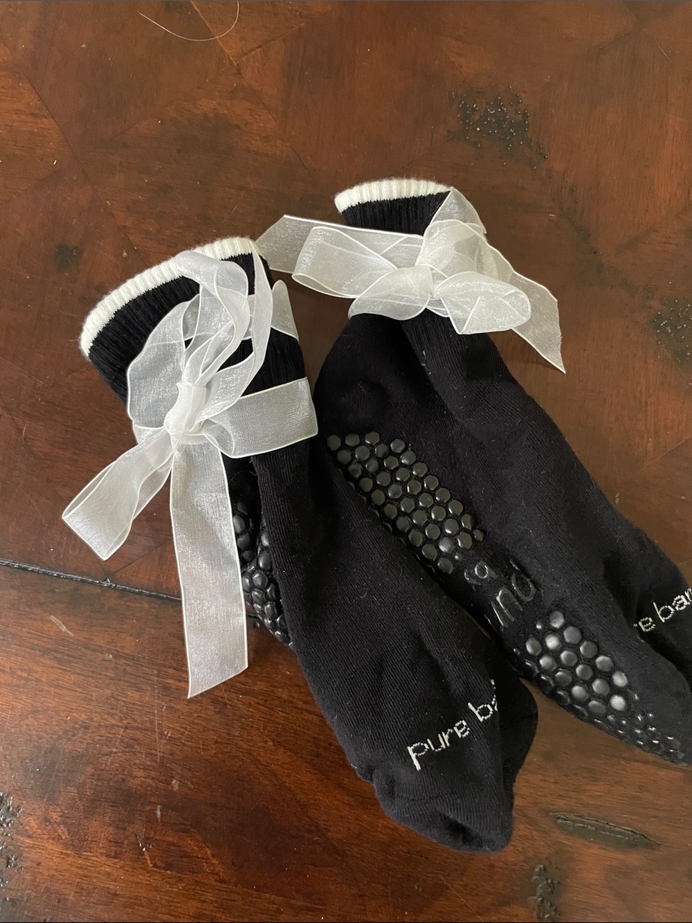 Pure Barre Black Grip Socks with White Sheer Ribbon! Worn Once